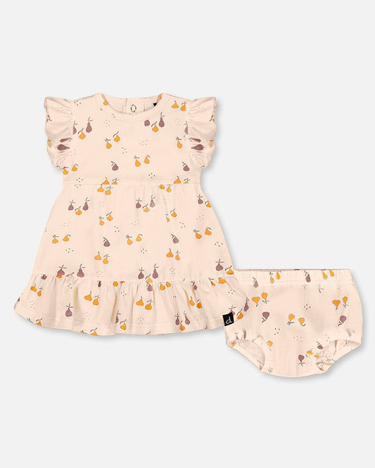 Printed Organic Cotton Dress And Bloomer Set Peach With Pears-0
