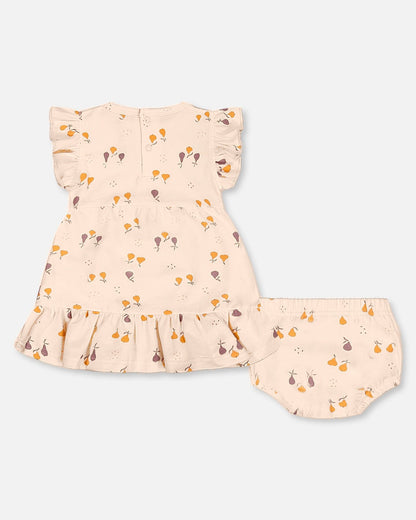 Printed Organic Cotton Dress And Bloomer Set Peach With Pears-2