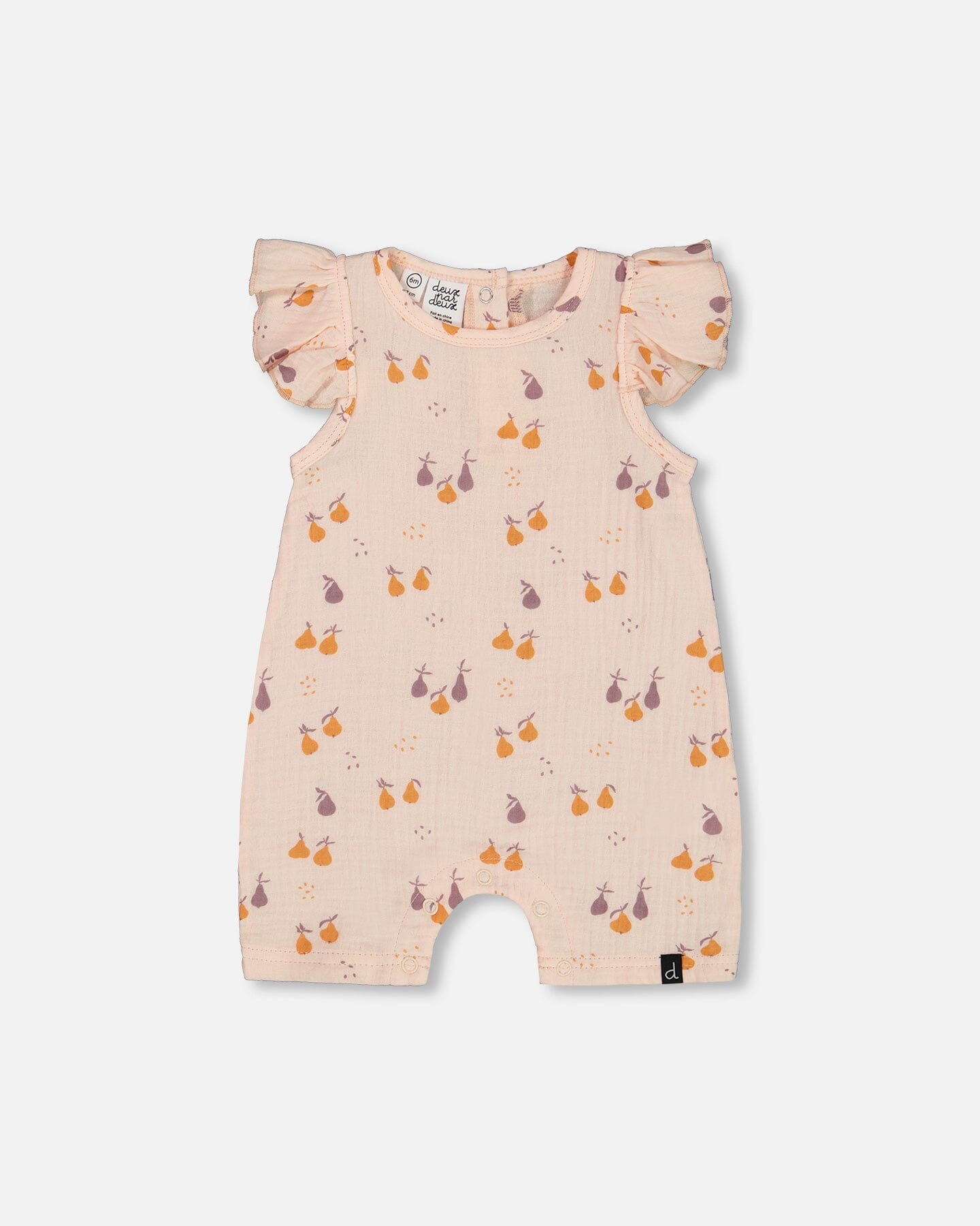 Printed Muslin One Piece Romper Peach With Pears-0