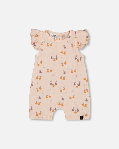 Printed Muslin One Piece Romper Peach With Pears-0