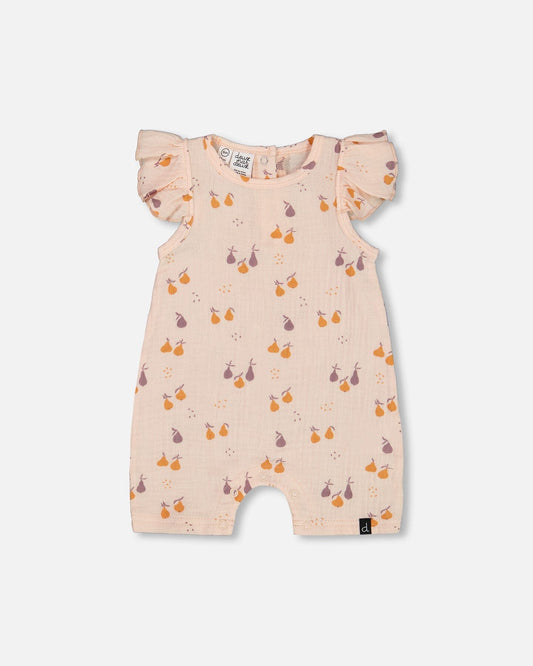 Printed Muslin One Piece Romper Peach With Pears-0