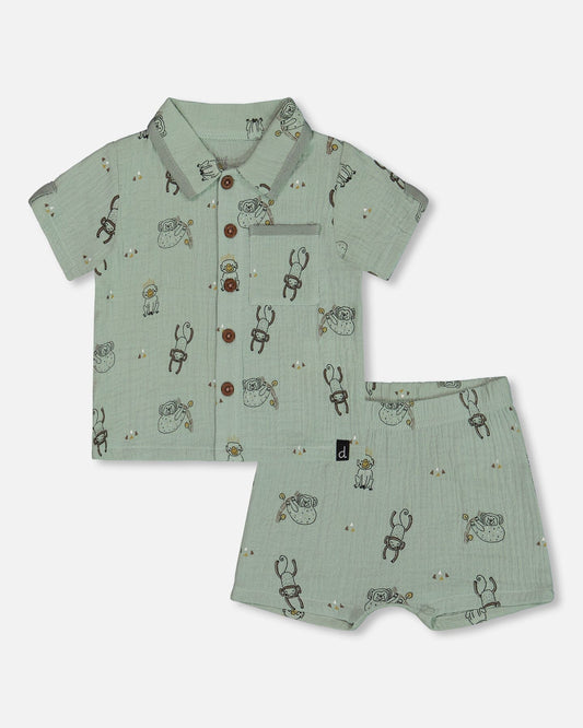 Printed Muslin Shirt And Short Set Sage Monkey-0