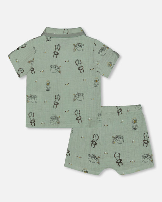 Printed Muslin Shirt And Short Set Sage Monkey-1