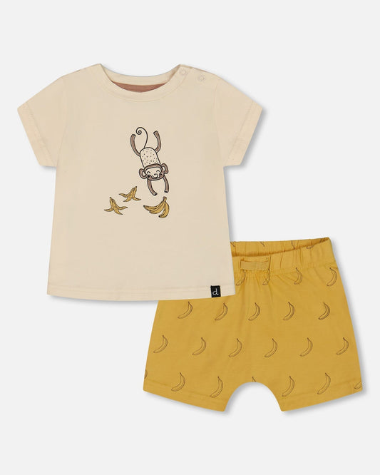 Printed Organic Cotton Top And Short Set Yellow Bananas And Off-White-0