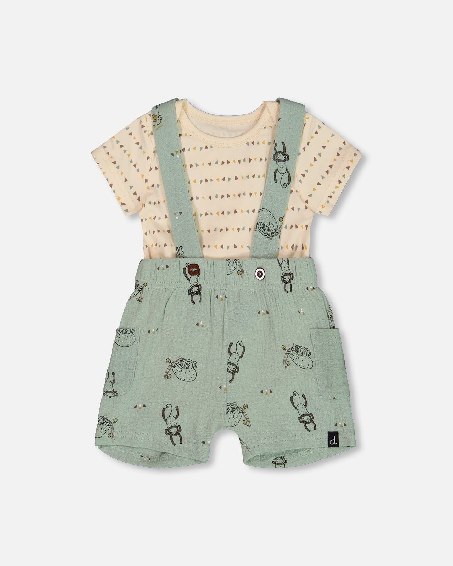 Printed Muslin Shortall And Organic Cotton Onesie Set Sage Monkey And Off-White-0