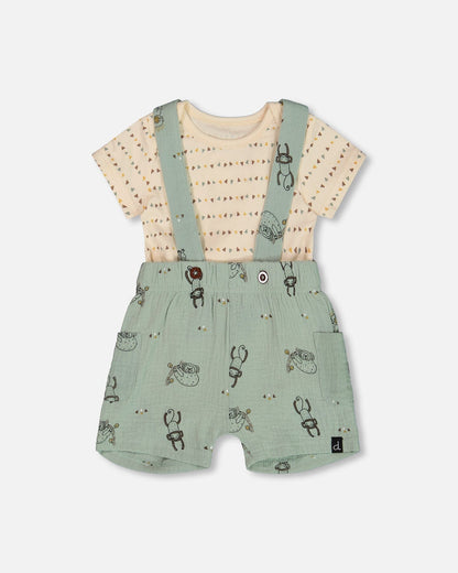 Printed Muslin Shortall And Organic Cotton Onesie Set Sage Monkey And Off-White-0
