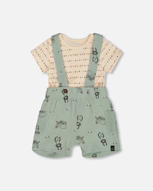 Printed Muslin Shortall And Organic Cotton Onesie Set Sage Monkey And Off-White-0