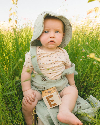 Printed Muslin Shortall And Organic Cotton Onesie Set Sage Monkey And Off-White-1