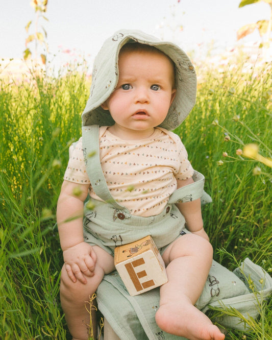 Printed Muslin Shortall And Organic Cotton Onesie Set Sage Monkey And Off-White-1