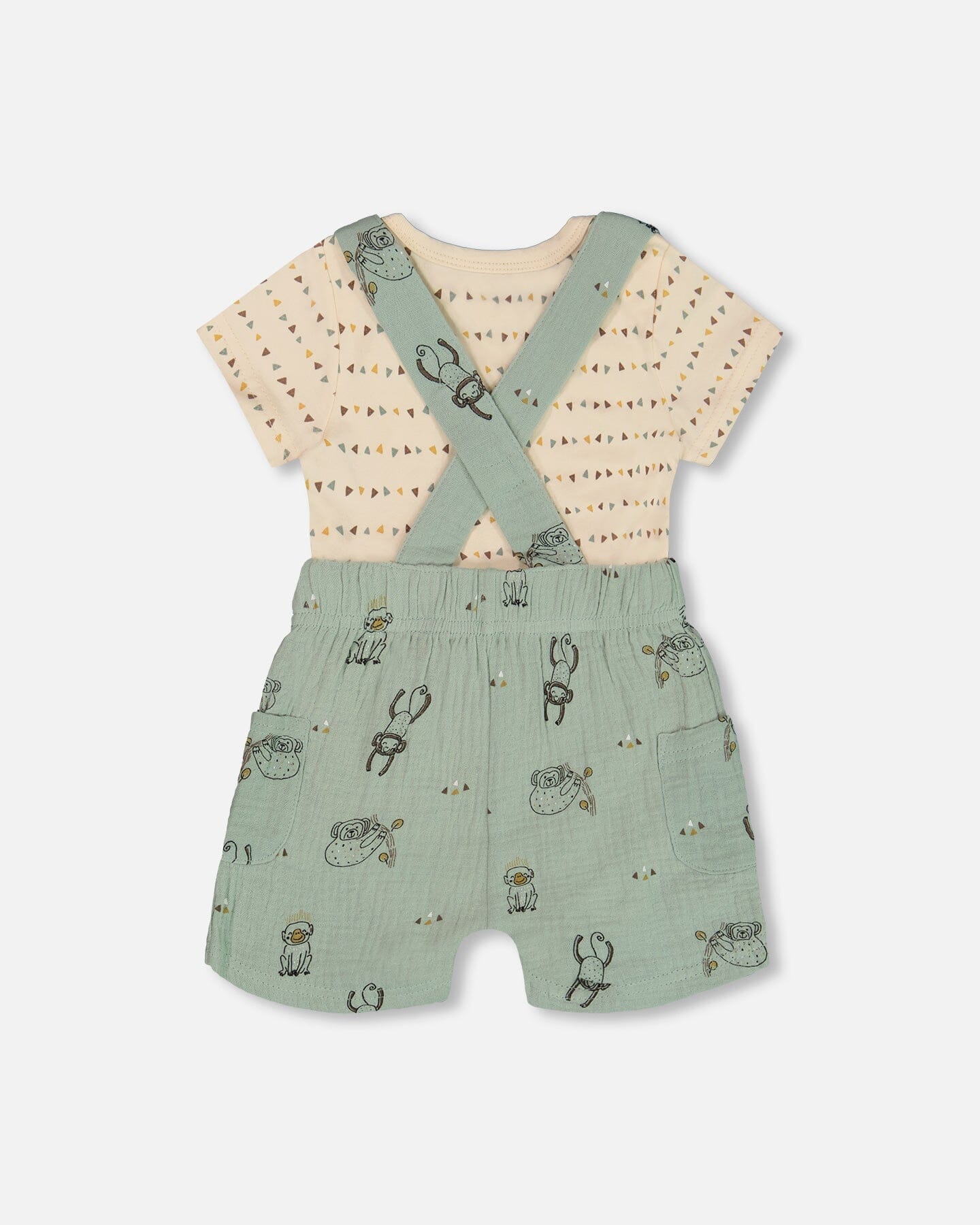 Printed Muslin Shortall And Organic Cotton Onesie Set Sage Monkey And Off-White-2