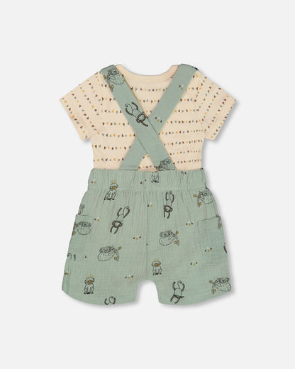 Printed Muslin Shortall And Organic Cotton Onesie Set Sage Monkey And Off-White-2