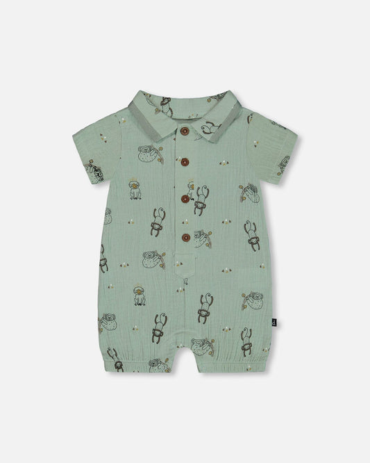 Printed Muslin Romper Sage Monkey-0