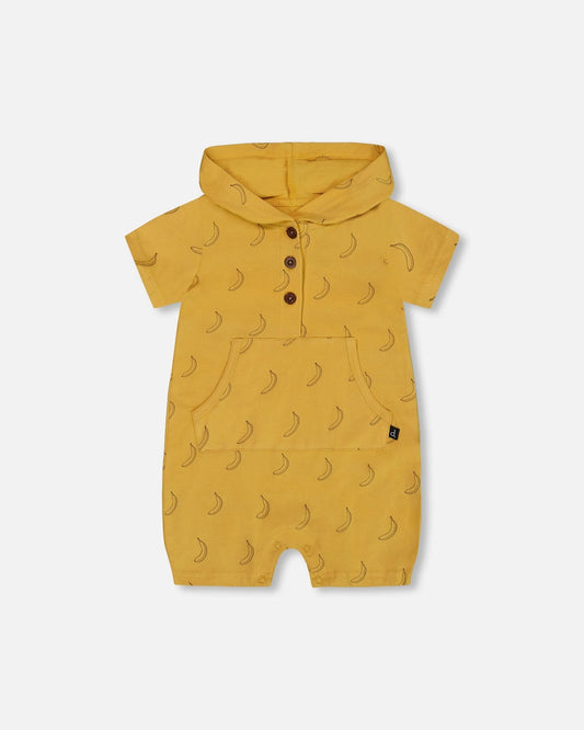 Printed Organic Cotton Hooded Romper Yellow Bananas-0
