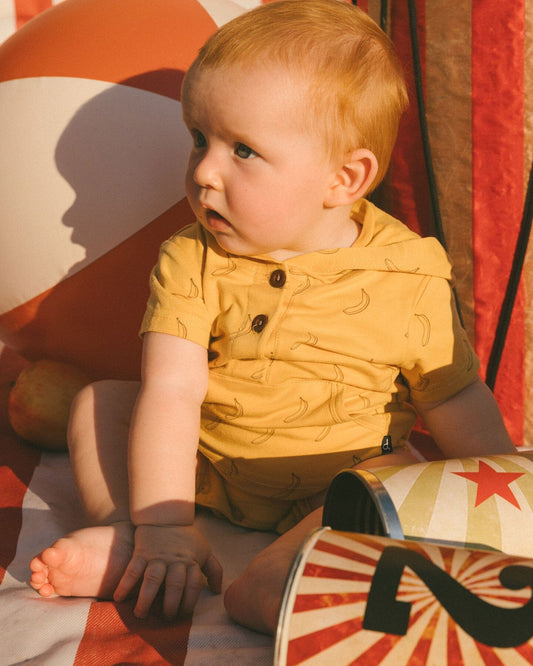 Printed Organic Cotton Hooded Romper Yellow Bananas-1