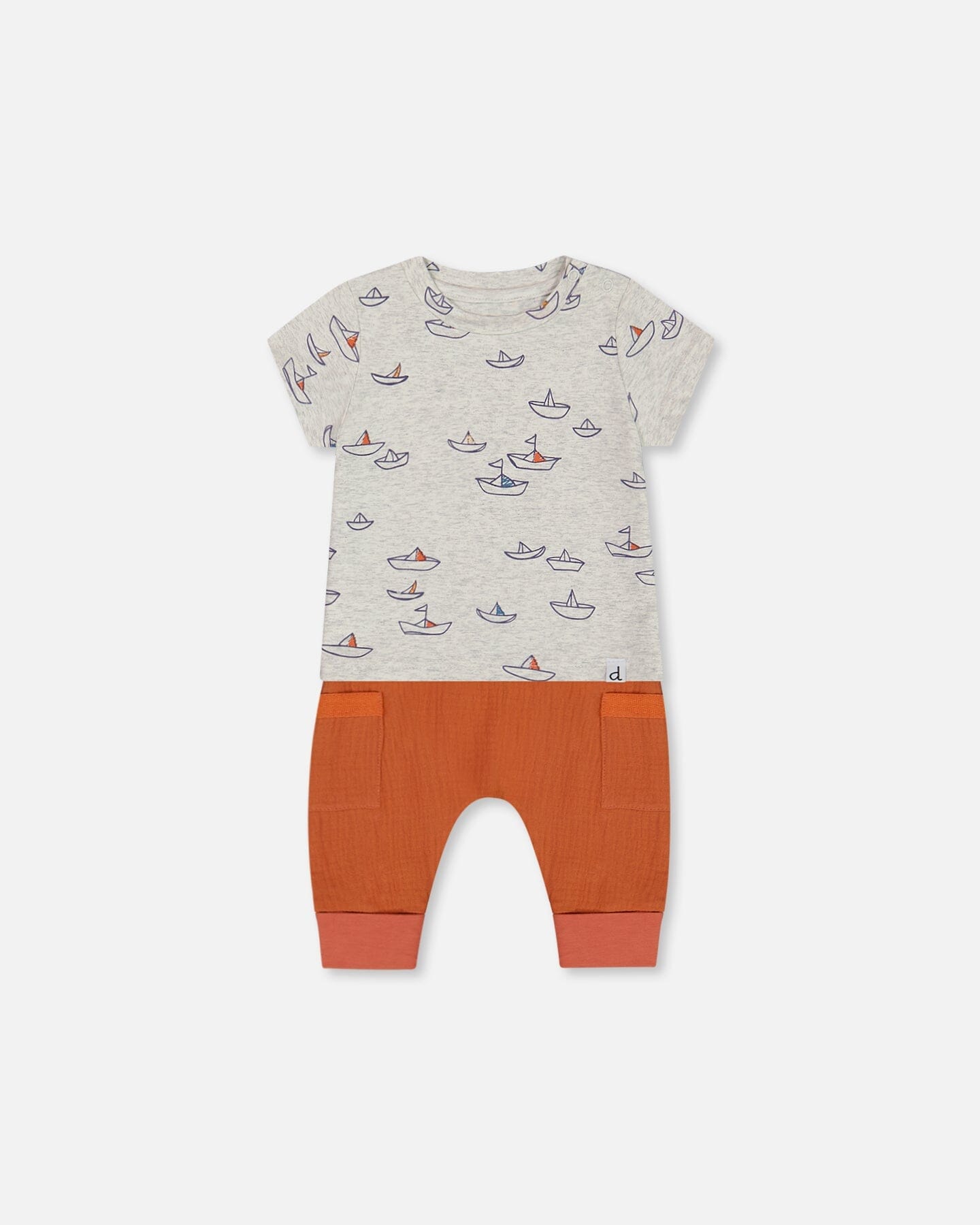 Organic Cotton Top And Muslin Pant Set Little Paper Boats And Terracotta-0