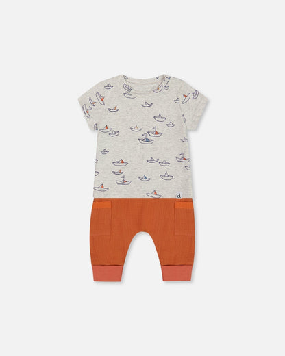 Organic Cotton Top And Muslin Pant Set Little Paper Boats And Terracotta-0