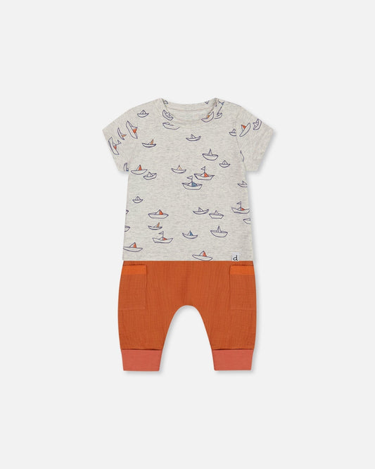 Organic Cotton Top And Muslin Pant Set Little Paper Boats And Terracotta-0