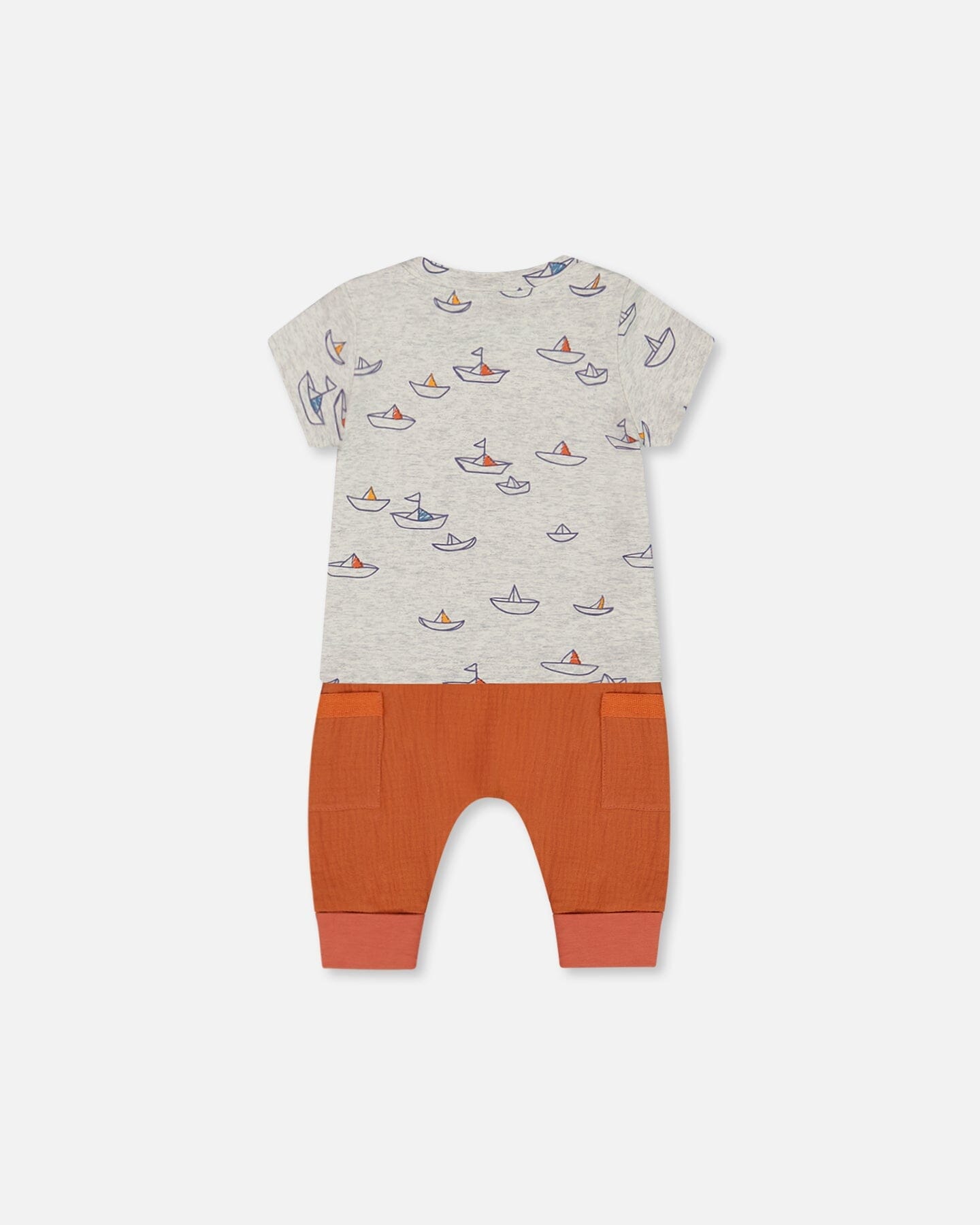 Organic Cotton Top And Muslin Pant Set Little Paper Boats And Terracotta-1