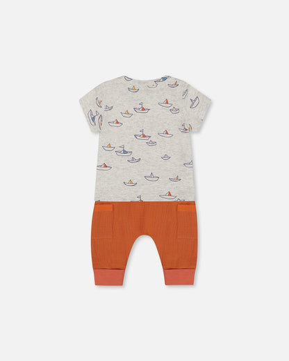 Organic Cotton Top And Muslin Pant Set Little Paper Boats And Terracotta-1