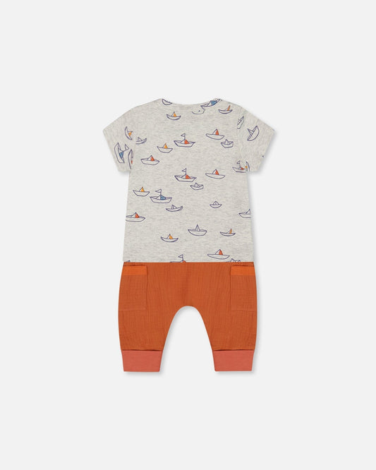 Organic Cotton Top And Muslin Pant Set Little Paper Boats And Terracotta-1
