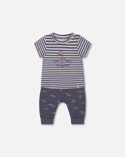 Organic Cotton Top And Muslin Pant Set Striped Navy-0