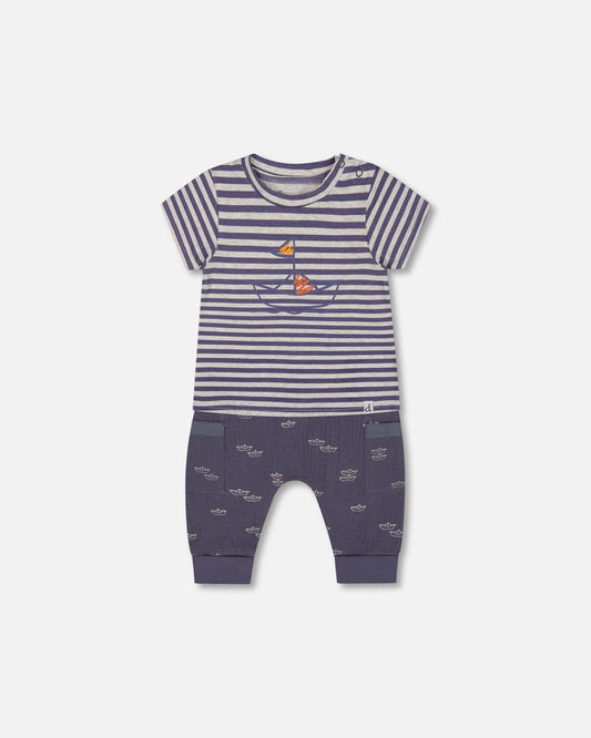 Organic Cotton Top And Muslin Pant Set Striped Navy-0