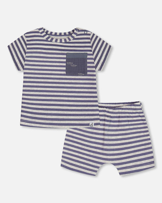 Organic Cotton Short Sleeve Top And Short Set Striped Navy-0