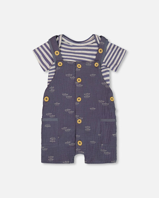 Printed Organic Cotton Onesie And Muslin Shortall Set Navy Blue Paper Boats-0