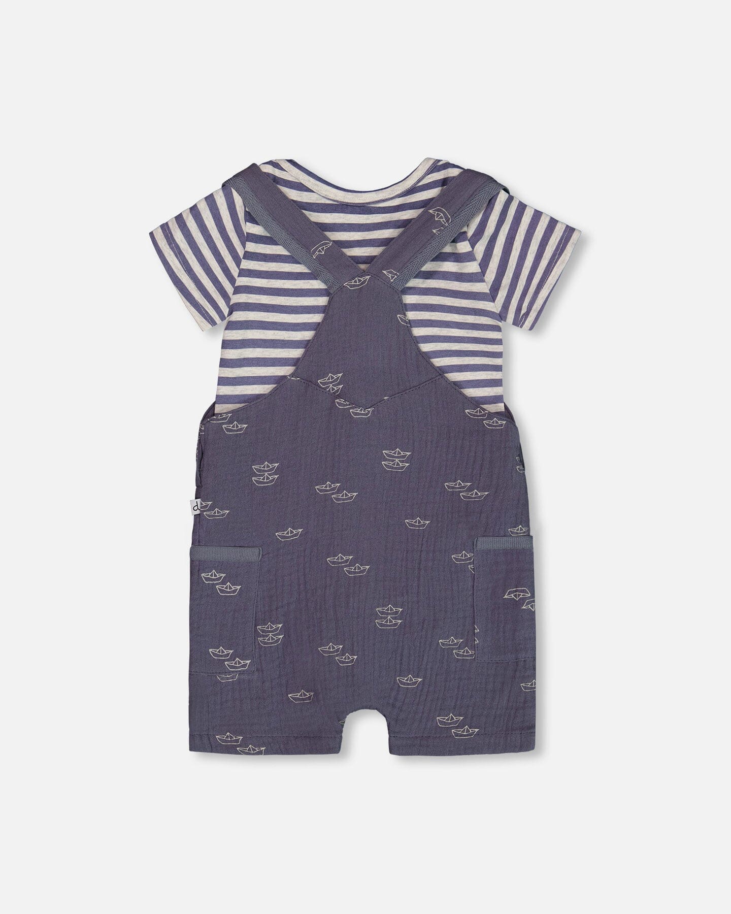 Printed Organic Cotton Onesie And Muslin Shortall Set Navy Blue Paper Boats-2