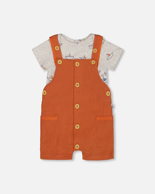 Printed Organic Cotton Onesie And Muslin Shortall Set Terracotta And Small Boats-0