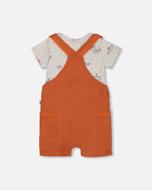 Printed Organic Cotton Onesie And Muslin Shortall Set Terracotta And Small Boats-1