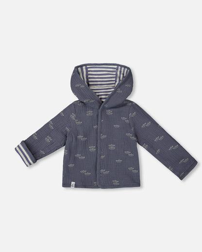 Reversible Organic Cotton Hooded Jacket Navy Striped Blue-0