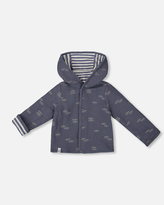 Reversible Organic Cotton Hooded Jacket Navy Striped Blue-0