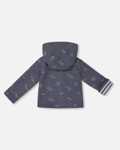 Reversible Organic Cotton Hooded Jacket Navy Striped Blue-2