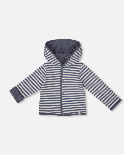 Reversible Organic Cotton Hooded Jacket Navy Striped Blue-3