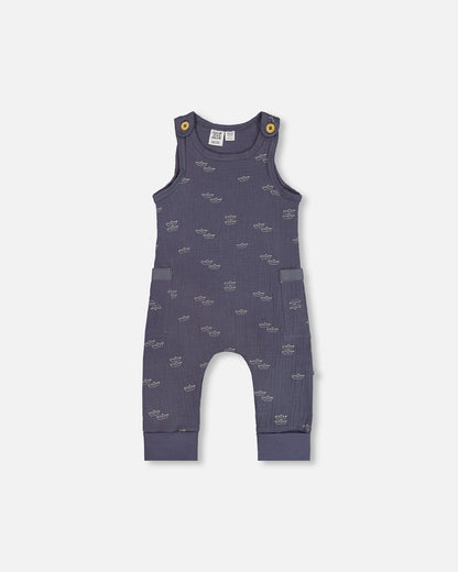 Printed Muslin One-Piece Jumpsuit Navy Blue Paper Boats-0