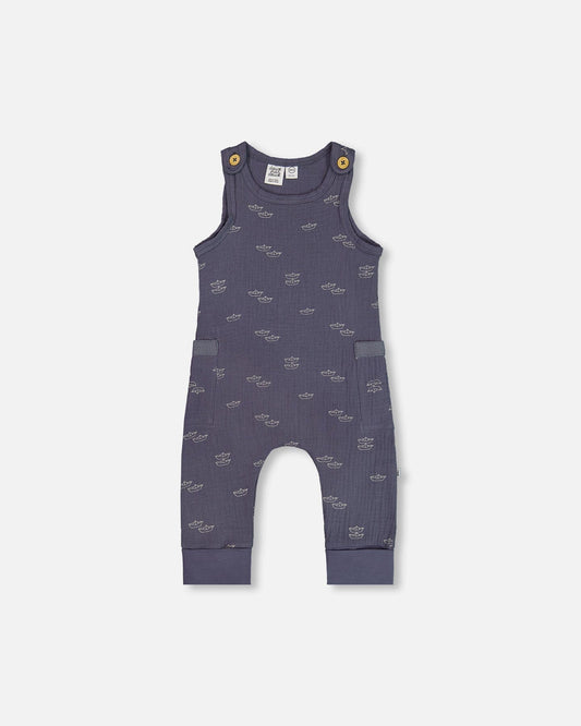 Printed Muslin One-Piece Jumpsuit Navy Blue Paper Boats-0