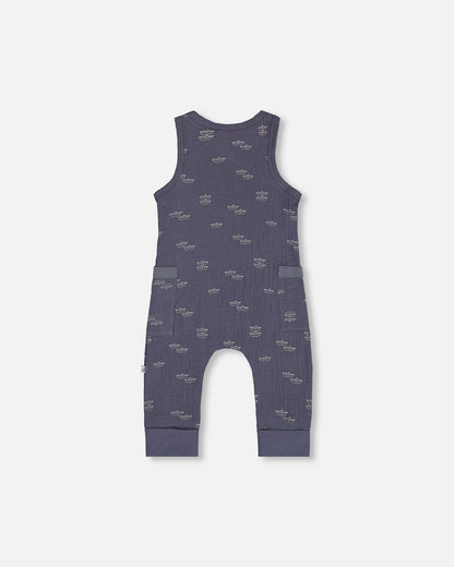 Printed Muslin One-Piece Jumpsuit Navy Blue Paper Boats-2