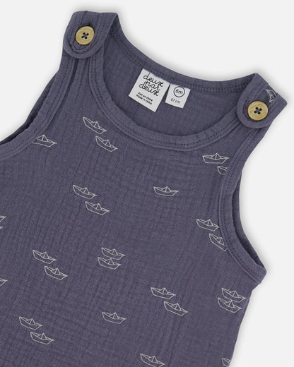 Printed Muslin One-Piece Jumpsuit Navy Blue Paper Boats-3