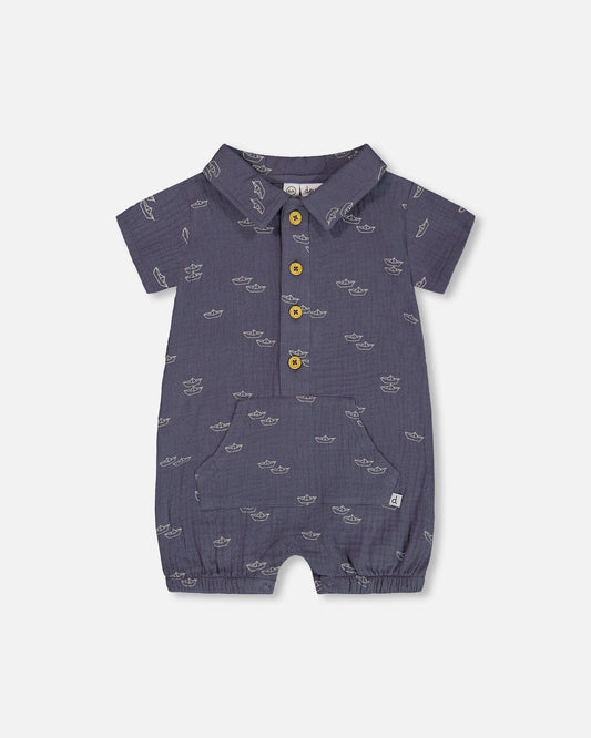 Printed Muslin Romper Navy Blue Paper Boats-0
