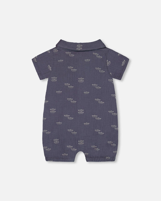Printed Muslin Romper Navy Blue Paper Boats-1
