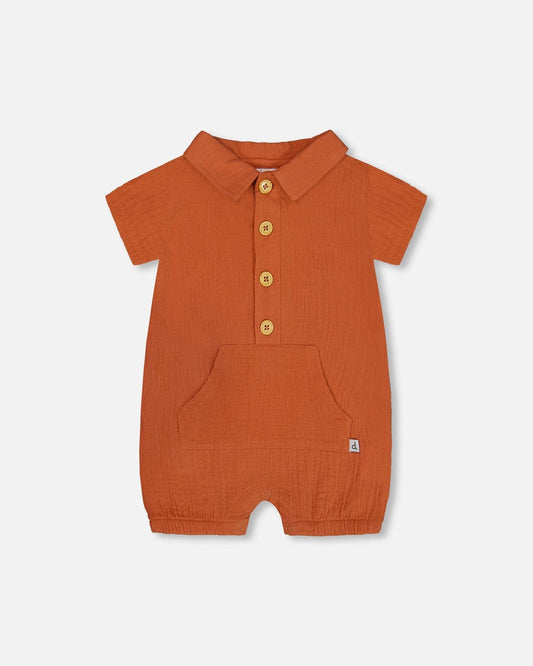 Short Sleeve Muslin Romper Terracotta-0