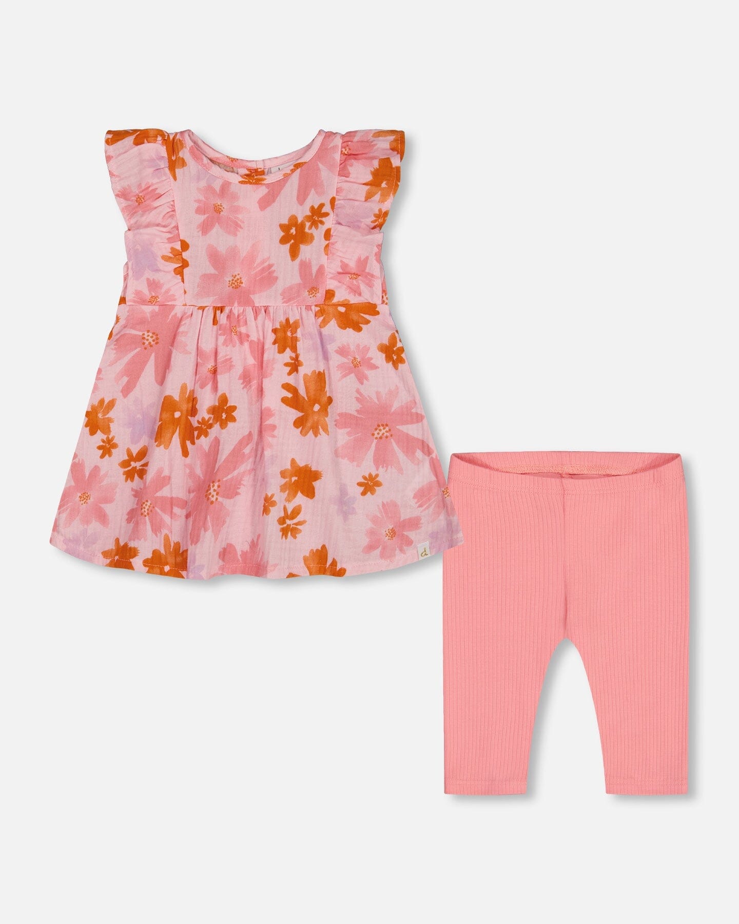 Printed Tunic And Solid Leggings Set Pink And Coral Flowers-0