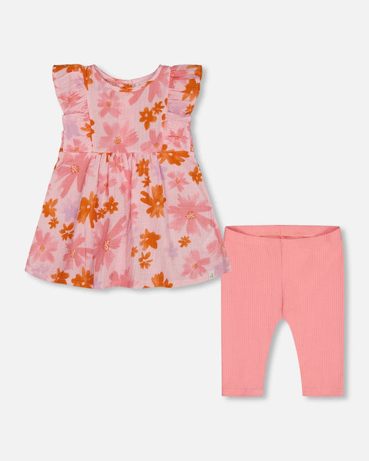 Printed Tunic And Solid Leggings Set Pink And Coral Flowers-0