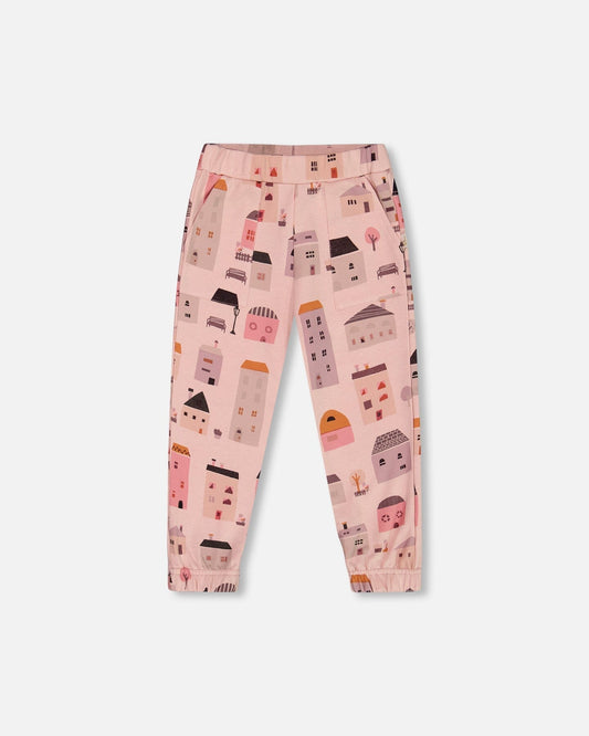 Printed French Terry Sweatpant Pink And Coral Houses-0