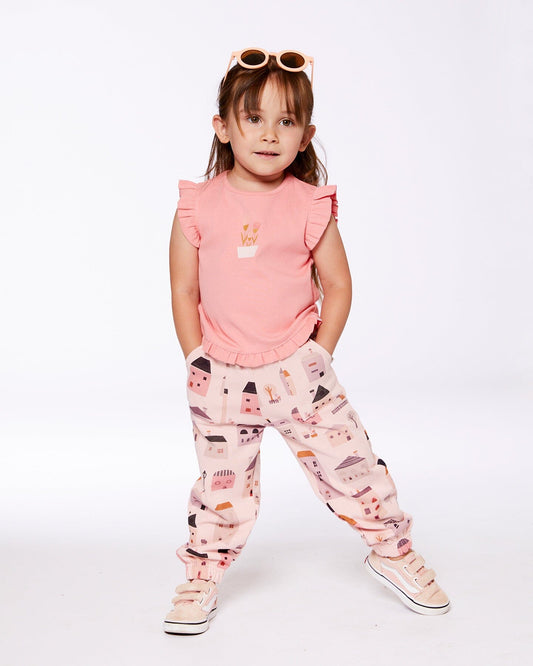 Printed French Terry Sweatpant Pink And Coral Houses-1