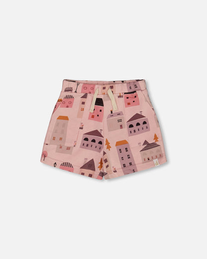 Printed French Terry Short Pink And Coral Houses-0