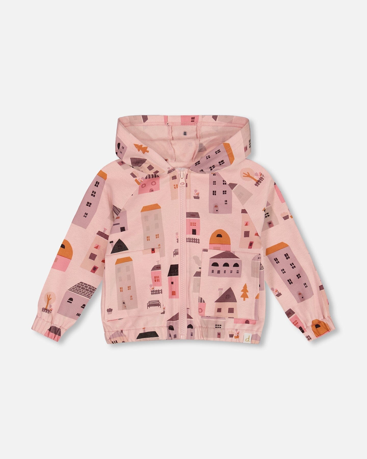 Printed French Terry Hoodie Cardigan Pink And Coral Houses-0