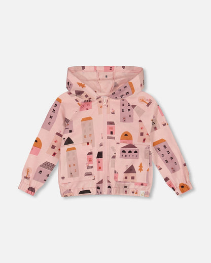 Printed French Terry Hoodie Cardigan Pink And Coral Houses-0