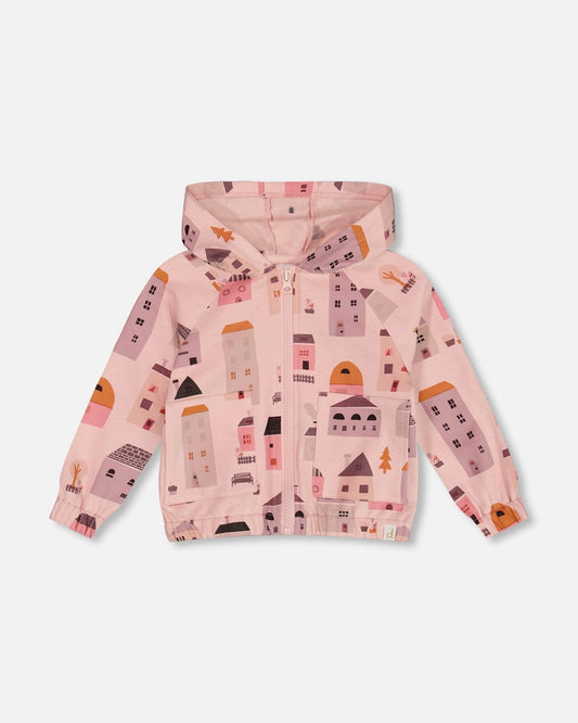 Printed French Terry Hoodie Cardigan Pink And Coral Houses-0